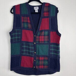 VTG Koret Crochet Patchwork Vest Wool Blend Med Holiday Plaid 90s‎ Cottagecore